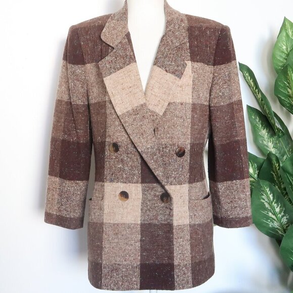 Oleg Cassini Brown & Beige Wool Plaid Checkered Speckled Single Breasted Blazer - Picture 5 of 13